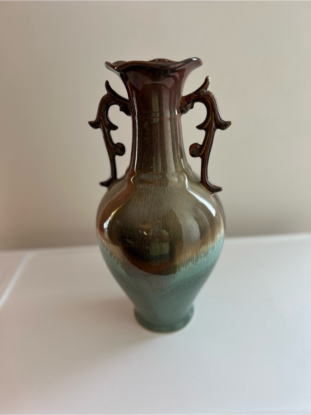 Glazed Ceramic Double-Handled Vase in Brown and Green